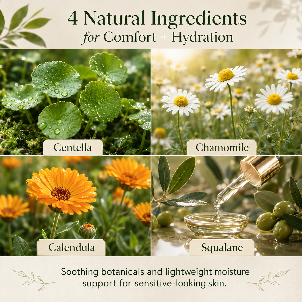 Four natural FIRMMER ingredients for comfort and hydration: Centella, chamomile, calendula, and squalane
