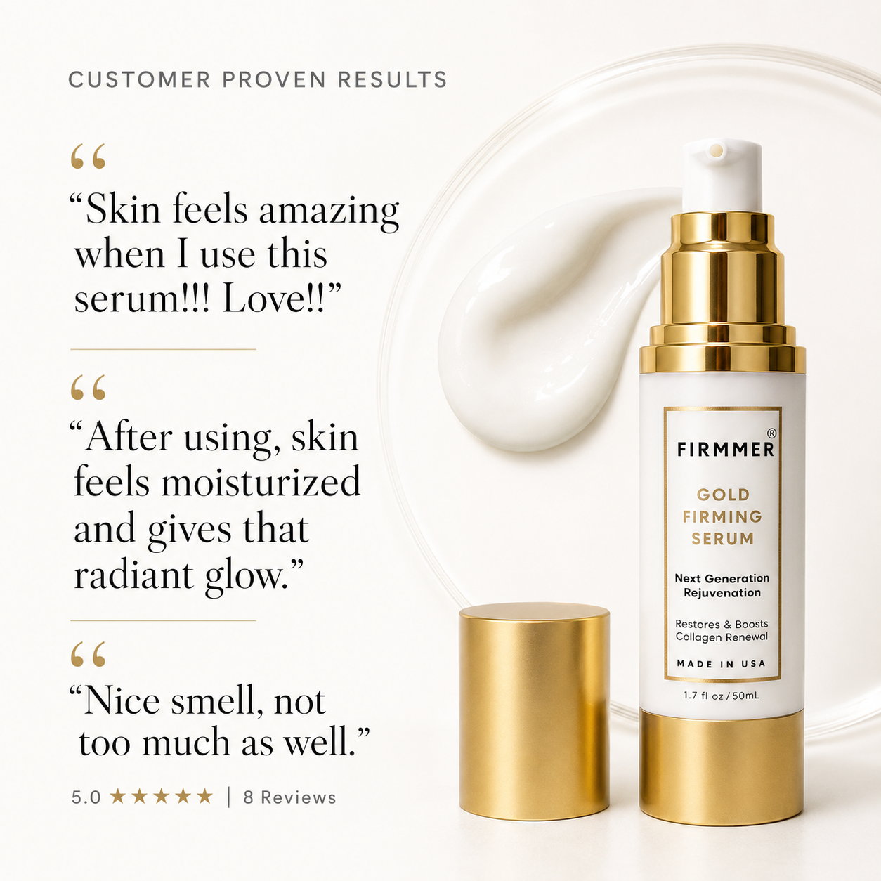 FIRMMER customer review excerpts describing moisturized skin, radiant glow, soft texture, and a light scent